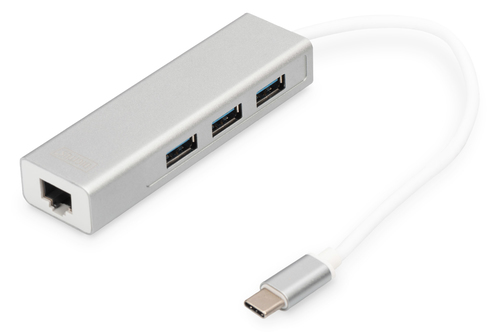 DIGITUS 3 Port USB 3.0 Typ C Hub mit Gigabit Ethernet 3xUSB A/F,1xUSB A/M,1xRJ45 LAN Unterstützt Windows und Mac OS