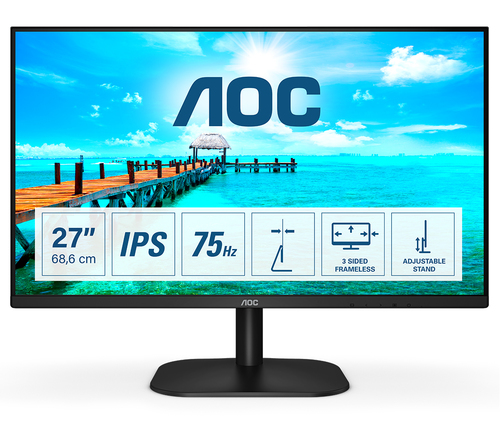 AOC 27B2DA 68,6cm 27Zoll IPS FHD 1920x1080 16:9 250nits 75Hz 1000:1 4ms HDMI1.4 VGA DVI Headphone out Black Cable included