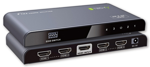 TECHLY HDMI2.0 Splitter 4K UHD 3D 4-Port Verteilt 1 HDMI-Quelle auf 4 HDMI-Displays mit EDID Funktion durch 4-DIP Schalter